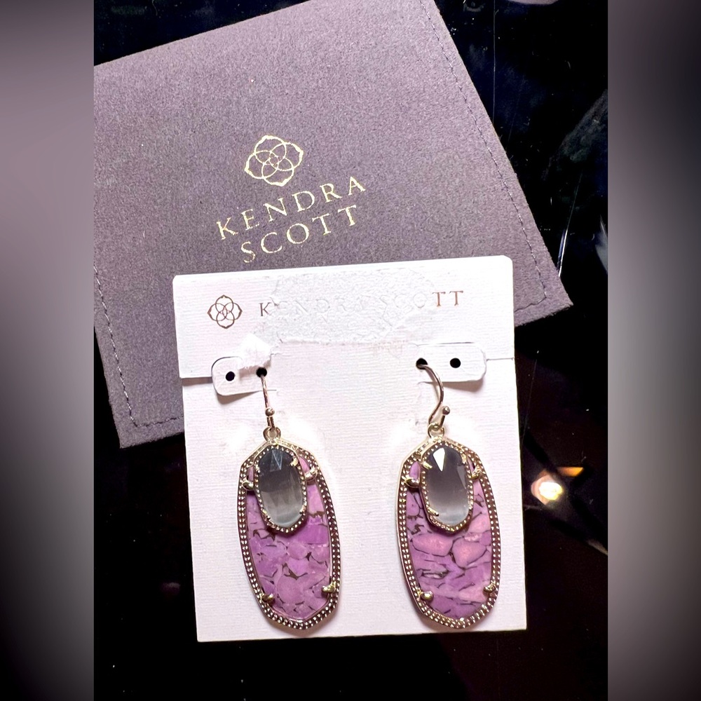 Kendra Scott Emmy earrings in purple and slate gray